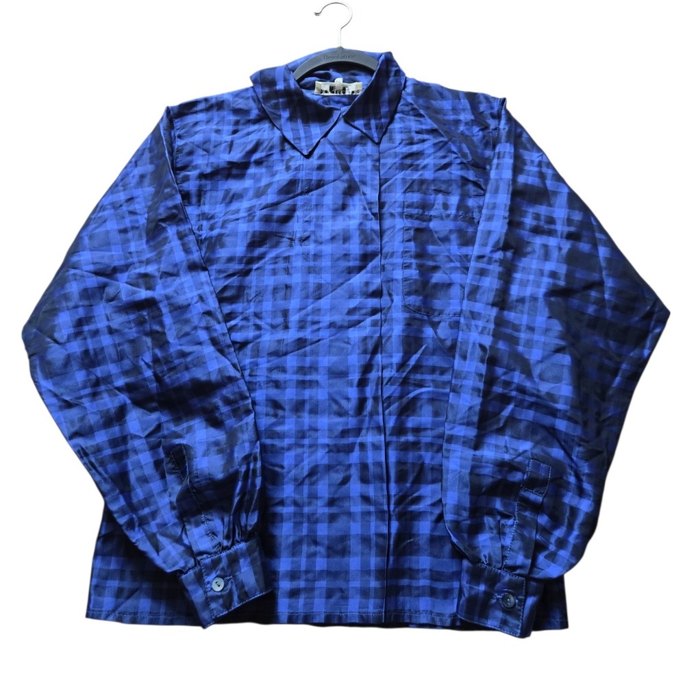 Vintage Blue Black Buffalo Plaid Button Down Blouse Puffed Sleeve Checkered‎ Top